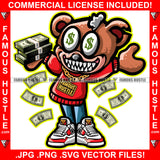 Famous Hustle Gangster Teddy Bear Dollar Sign Eyes Sharp Teeth Ripped Stuffing Coming Out Cash Money Bundle Falling Horror Hip Hop Rap Plug Trap Street Hood Thug Hustler Hustling Drip Savage Art Graphic Design Print Printing Vector SVG Cut File