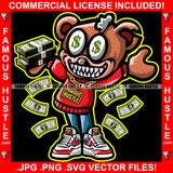 Famous Hustle Gangster Teddy Bear Dollar Sign Eyes Sharp Teeth Ripped Stuffing Coming Out Cash Money Bundle Falling Horror Hip Hop Rap Plug Trap Street Hood Thug Hustler Hustling Drip Savage Art Graphic Design Print Printing Vector SVG Cut File