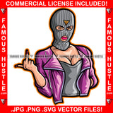 Gangster Woman Wearing Ski Mask Showing Middle Finger Jacket Pretty Lady Red Lips Hip Hop Rap Rapper Plug Trap Hood Thug Gang Street Famous Hustle Art Graphic Design Logo T-Shirt Print Printing JPG PNG SVG Vector Cut File