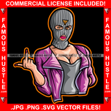 Gangster Woman Wearing Ski Mask Showing Middle Finger Jacket Pretty Lady Red Lips Hip Hop Rap Rapper Plug Trap Hood Thug Gang Street Famous Hustle Art Graphic Design Logo T-Shirt Print Printing JPG PNG SVG Vector Cut File