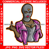 Gangster Woman Wearing Ski Mask Showing Middle Finger Jacket Pretty Lady Red Lips Hip Hop Rap Rapper Plug Trap Hood Thug Gang Street Famous Hustle Art Graphic Design Logo T-Shirt Print Printing JPG PNG SVG Vector Cut File