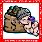 Baby Gangster Boy Born Thug Diaper Full Cash Money Bag Mean Face Purple Drinking In Attiitude Tattoo Hip Hop Rap Hustler Boss Drip Swag Plug Trap Hood Thug Gang Famous Hustle Art Graphic Design Logo T-Shirt Print Printing JPG PNG SVG Vector Cut File