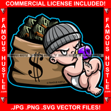 Baby Gangster Boy Born Thug Diaper Full Cash Money Bag Mean Face Purple Drinking In Attiitude Tattoo Hip Hop Rap Hustler Boss Drip Swag Plug Trap Hood Thug Gang Famous Hustle Art Graphic Design Logo T-Shirt Print Printing JPG PNG SVG Vector Cut File