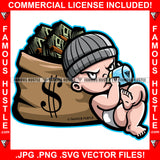 Baby Gangster Boy Born Thug Diaper Full Cash Money Bag Mean Face Drinking In Attiitude Tattoo Hip Hop Rap Hustler Boss Drip Swag Plug Trap Hood Thug Gang Famous Hustle Art Graphic Design Logo T-Shirt Print Printing JPG PNG SVG Vector Cut File