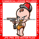 Famous Hustle Baby Boy Mean Smile On Face Gold Jewelry Teeth Pointing Gun Pistol Cap Hip Hop Rap Rapper Hustler Hustling Trap Trapper Art Graphic Design Logo T-Shirt Print Printing JPG PNG SVG Vector Cut File