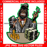 Gangster Gorilla Boss Suit Smoking Gun Mean Face Gold Coins Jewelry Cash Money Bundle Stack Angry Rap Plug Street Hood Ghetto Thug Savage Trench Gangsta Famous Hustle Art Graphic Design Logo T-Shirt Print Printing JPG PNG SVG Vector Cut File