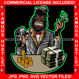 Gangster Gorilla Boss Suit Smoking Gun Mean Face Gold Coins Jewelry Cash Money Bundle Stack Angry Rap Plug Street Hood Ghetto Thug Savage Trench Gangsta Famous Hustle Art Graphic Design Logo T-Shirt Print Printing JPG PNG SVG Vector Cut File