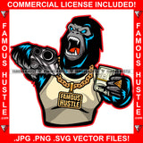 Gangster Gorilla Growling Ape Cash Money Gold Jewelry Mean Angry Face Pointing Gun Holding Money Stack Hip Hop Rap Rapper Street Hood Ghetto Thug Boss Hustler Savage Famous Hustle Art Graphic Design Logo T-Shirt Print Printing JPG PNG SVG Vector Cut File