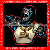 Gangster Gorilla Growling Ape Cash Money Gold Jewelry Mean Angry Face Pointing Gun Holding Money Stack Hip Hop Rap Rapper Street Hood Ghetto Thug Boss Hustler Savage Famous Hustle Art Graphic Design Logo T-Shirt Print Printing JPG PNG SVG Vector Cut File