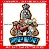 Money Magnet Gangster Mean Face White Dollar Sign Eyes Gold Teeth Tatto Body Cash In Hand Money Bags Hip Hop Rap Street Thug Famous Hustle Quote Art Graphic Design Print Printing Vector SVG Cut File