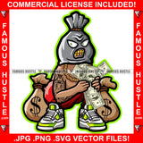 Gangster Mean Face White Dollar Sign Eyes Gold Teeth Wearing Mask Tatto Body Cash In Hand Money Bags Hip Hop Rap Street Thug Famous Hustle Art Graphic Design Print Printing Vector SVG Cut File