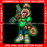 Money Bag Cartoon Character Dollar Sign Tattoo Tongue Out Gold Watch Cash Bag Saggy Pants Machine Gun Hip Hop Rap Plug Trap Street Hood Ghetto Swag Thug Drip Dripping Famous Hustle Art Graphic Design Logo T-Shirt Print Printing JPG PNG SVG Vector Cut File