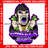 Gorilla Gang Growling Gangster Ape Cash Money Gold Jewelry Mean Angry Face Purple Eyes Holding Money Stack Hip Hop Rap Street Hood Ghetto Thug Boss Hustler Famous Hustle Quote Art Graphic Design Logo T-Shirt Print Printing JPG PNG SVG Vector Cut File