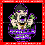 Gorilla Gang Growling Gangster Ape Cash Money Gold Jewelry Mean Angry Face Purple Eyes Holding Money Stack Hip Hop Rap Street Hood Ghetto Thug Boss Hustler Famous Hustle Quote Art Graphic Design Logo T-Shirt Print Printing JPG PNG SVG Vector Cut File