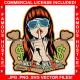 Sexy Woman Red Lips Lipstick Female Shhh Finger Hand Gesture Lady Girl Glasses Cash Money Bags BundlesTattoo Hip Hop Female Rap Plug Trap Swag Hustler Hustling Famous Hustle Art Graphic Design Logo T-Shirt Print Printing JPG PNG SVG Vector Cut File