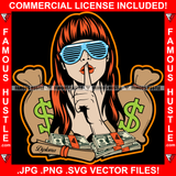 Sexy Woman Red Lips Lipstick Female Shhh Finger Hand Gesture Lady Girl Glasses Cash Money Bags BundlesTattoo Hip Hop Female Rap Plug Trap Swag Hustler Hustling Famous Hustle Art Graphic Design Logo T-Shirt Print Printing JPG PNG SVG Vector Cut File
