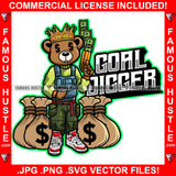 Goal Digger Gangster Teddy Bear King Dollar Sign Eyes Money Gun Cash Bags Sneakers Hip Hop Rap Plug Trap Street Hood Ghetto Swag Hustler Hustling Famous Hustle Baller Trapper Quote Art Graphic Design Logo T-Shirt Print Printing JPG PNG SVG Vector Cut File