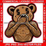 Say Less Gangster Teddy Bear Body Builder Muscles Dollar Sign Eyes Covering Mouth Tattoos Hip Hop Rap Plug Trap Hood Swag Thug Hustler Hustling Famous Hustle Baller Trapper Art Graphic Design Logo T-Shirt Print Printing JPG PNG SVG Vector Cut File