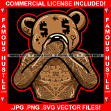 Say Less Gangster Teddy Bear Body Builder Muscles Dollar Sign Eyes Covering Mouth Tattoos Hip Hop Rap Plug Trap Hood Swag Thug Hustler Hustling Famous Hustle Baller Trapper Art Graphic Design Logo T-Shirt Print Printing JPG PNG SVG Vector Cut File