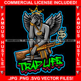Trap Life Street Demon Beautiful Lady Statue Wings Gangster Gold Jewelry Gun Dollar Sign Tattoo Hip Hop Rap Hustler Drip Hood Thug Street Mafia Mob Ghetto Famous Hustle Quote Art Graphic Design Logo T-Shirt Print Printing JPG PNG SVG Vector Cut File