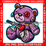 Heartless Famous Hustle Cute Gangster Horror Beat Up Teddy Bear Scar Face Toy Torn Broken Staples Patches Head Stapled Patched Stuff Coming Out Knife In Heart Cash Tattoo Hip Hop Rap Trap Art Graphic Design Logo Print Printing Vector SVG Cut File