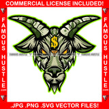 G.O.A.T Famous Hustle Goat Gangster Cartoon Character Big Horns Angry Face Dollar $100 Bill Pattern Gold Jewelry Hip Hop Rap Hustler Drip Trap Hood Thug Gang Street Ghetto Art Graphic Design Logo T-Shirt Print Printing JPG PNG SVG Vector Cut File