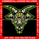 G.O.A.T Famous Hustle Goat Gangster Cartoon Character Big Horns Angry Face Dollar $100 Bill Pattern Gold Jewelry Hip Hop Rap Hustler Drip Trap Hood Thug Gang Street Ghetto Art Graphic Design Logo T-Shirt Print Printing JPG PNG SVG Vector Cut File