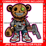 Horror Teddy Bear Missing Button Eye Bandage Sharp Teeth Trick Or Death Cash Money Bag Pistol Gun Hip Hop Rap Trap Street Hustler Famous Hustle Art Graphic Design Logo T-Shirt Print Printing JPG PNG SVG Vector Cut File