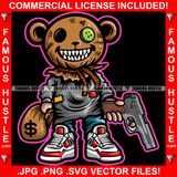Horror Teddy Bear Missing Button Eye Bandage Sharp Teeth Trick Or Death Cash Money Bag Pistol Gun Hip Hop Rap Trap Street Hustler Famous Hustle Art Graphic Design Logo T-Shirt Print Printing JPG PNG SVG Vector Cut File