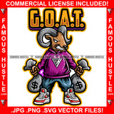 Goat Gangster G.O.A.T. Greatest Of All Time Cartoon Character Sneakers Hoodie Angry Face Money Bags Cash Hip Hop Rap Hustler Drip Trap Hood Thug Gang Street Ghetto Quote Art Graphic Design Logo T-Shirt Print Printing JPG PNG SVG Vector Cut File