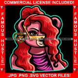 Baby Girl Sexy Gangster Lady Teddy Bear Long Red Hair Glasses Sparkling Gold Jewelry Heart Earrings Hip Hop Rap Hood Hustler Boss Famous Hustle Pinup Pin Up Model Hustling Art Graphic Design Logo T-Shirt Print Printing JPG PNG SVG Vector Cut File