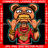 Teddy Bear Mean Face Showing Gold Teeth Jewelry Necklace Watch Tattoo Hip Hop Rap Hustler Street Ghetto Famous Hustle Art Graphic Design Logo T-Shirt Print Printing JPG PNG SVG Vector Cut File