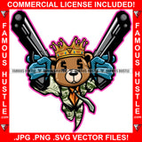 King Gangster Teddy Bear Dollar Sign Eye Crown $100 Bill Pattern Outfit Machine Guns Pointing Tattoo Hip Hop Rap Hustler Street Ghetto Famous Hustle Art Graphic Design Logo T-Shirt Print Printing JPG PNG SVG Vector Cut File