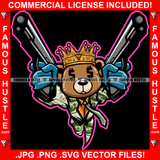 King Gangster Teddy Bear Dollar Sign Eye Crown $100 Bill Pattern Outfit Machine Guns Pointing Tattoo Hip Hop Rap Hustler Street Ghetto Famous Hustle Art Graphic Design Logo T-Shirt Print Printing JPG PNG SVG Vector Cut File