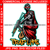 Trap Life Man Statue Holding Machine Gun Cash Money Bag Red Cape Street Savage Hood Ghetto Swag Thug Boss Hustler Trench Hip Hop Rap Rapper Famous Hustle Hustling Quote Art Graphic Design Logo T-Shirt Print Printing JPG PNG SVG Vector Cut File