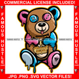 King Gangster Teddy Bear Button X Eyes Multicolor Dripping Gold Jewelry Famous Hustle Hip Hop Rap Rapper Plug Trap Street Hood Ghetto Neon Colors Art Graphic Design Logo T-Shirt Print Printing JPG PNG SVG Vector Cut File