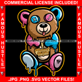 King Gangster Teddy Bear Button X Eyes Multicolor Dripping Gold Jewelry Famous Hustle Hip Hop Rap Rapper Plug Trap Street Hood Ghetto Neon Colors Art Graphic Design Logo T-Shirt Print Printing JPG PNG SVG Vector Cut File