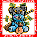 Scar Face Robber  Teddy Bear Gold Teeth Ski Mask Half Face Machine Gun Dripping Raining Cash Money Bag Mean Face Hip Hop Rap Rapper Plug Trap Street Hood Ghetto Neon Colors Art Graphic Design Logo T-Shirt Print Printing JPG PNG SVG Vector Cut File