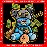 Scar Face Robber  Teddy Bear Gold Teeth Ski Mask Half Face Machine Gun Dripping Raining Cash Money Bag Mean Face Hip Hop Rap Rapper Plug Trap Street Hood Ghetto Neon Colors Art Graphic Design Logo T-Shirt Print Printing JPG PNG SVG Vector Cut File