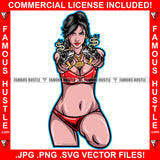 Famous Hustle Sexy Gangster Woman Red Bikini Lingerie Panties Pistol Gun Smoke Dollar Sign Pointing Gold Jewelry Girl Hip Hop Rap Trending Designer Fashion Art Graphic Design Logo T-Shirt Print Printing JPG PNG SVG Vector Cut File