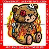 Horror Teddy Bear Missing Button Eye Bandage Stuffed Coming Out Fire Shap Teeth Mafia  Hip Hop Rap Trap Street Hustler Famous Hustle Art Graphic Design Logo T-Shirt Print Printing JPG PNG SVG Vector Cut File