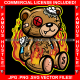 Horror Teddy Bear Missing Button Eye Bandage Stuffed Coming Out Fire Shap Teeth Mafia  Hip Hop Rap Trap Street Hustler Famous Hustle Art Graphic Design Logo T-Shirt Print Printing JPG PNG SVG Vector Cut File