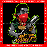 What You Looking At? Gangster Black Man BoyBaseball Bat Red Face Mask Gold Jewelry Watch Tattoo Hip Hop Rap Hustler Drip Trap Hood Thug Street Mafia Mob Ghetto Famous Hustle Quote Art Graphic Design Logo T-Shirt Print Printing JPG PNG SVG Vector Cut File