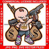 Famous Hustle Baby Boy Mean Smile On Face Gold Jewelry Teeth Cash Money Bags Sneakers Machine Gun Hip Hop Rap Rapper Hustling Trap Trapper Hustler Art Graphic Design Logo T-Shirt Print Printing JPG PNG SVG Vector Cut File
