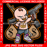 Famous Hustle Baby Boy Mean Smile On Face Gold Jewelry Teeth Cash Money Bags Sneakers Machine Gun Hip Hop Rap Rapper Hustling Trap Trapper Hustler Art Graphic Design Logo T-Shirt Print Printing JPG PNG SVG Vector Cut File