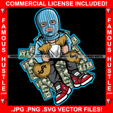 Self Made Dripping Gangster Man Face Blue Ski Mask Cash Money Bags Sneakers Hip Hop Rap Plug Trap Street Hood Swag Thug Hustler Hustling Famous Hustle Baller Trapper Art Graphic Design Logo T-Shirt Print Printing JPG PNG SVG Vector Cut File