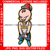 Trap Baby Famous Hustle Boy Mean Smile On Face Gold Jewelry Necklace Earrings Teeth Watch Gun Pistol Cap Hip Hop Rap Rapper Hustler Hustling Trap Trapper Art Graphic Design Logo T-Shirt Print Printing JPG PNG SVG Vector Cut File