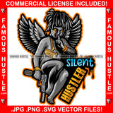 Silent Hustler Dripping Eyes Street Demon Famous Hustle Gangster Black Angel Wings Statue Machine Gun Gold Jewelry Finger On Lips Hip Hop Rap Street Designer Fashion Hustler Pinup Pin Up Quote Art Graphic Design Print Printing Vector SVG Cut File