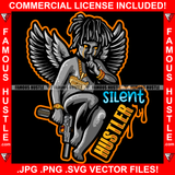 Silent Hustler Dripping Eyes Street Demon Famous Hustle Gangster Black Angel Wings Statue Machine Gun Gold Jewelry Finger On Lips Hip Hop Rap Street Designer Fashion Hustler Pinup Pin Up Quote Art Graphic Design Print Printing Vector SVG Cut File
