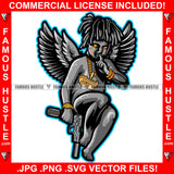 Silent Hustler Dripping Eyes Street Demon Famous Hustle Gangster Black Angel Wings Statue Machine Gun Gold Jewelry Finger On Lips Hip Hop Rap Street Designer Fashion Hustler Pinup Pin Up Art Graphic Design Print Printing Vector SVG Cut File